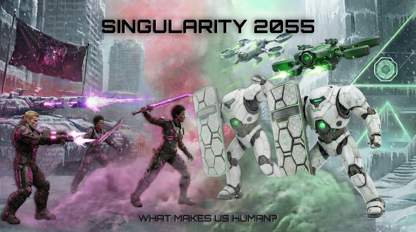 Singularity 2055 key art — TDC and Axiom forces face off in a frozen city